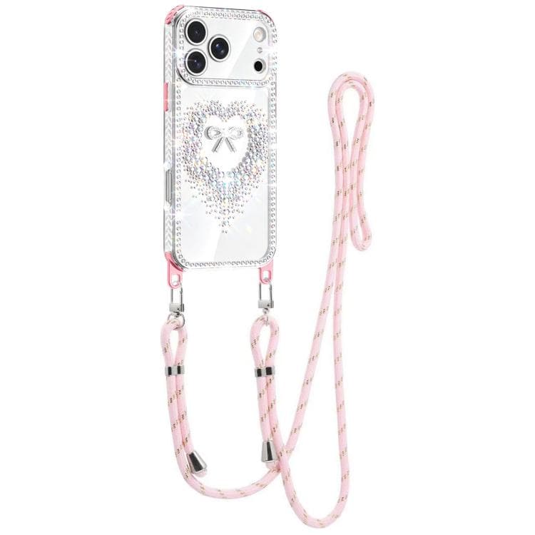For iPhone 17 Pro Diamond Heart Bow PC Hybrid TPU Airbag Phone Case with Lanyard(Pink) - Immagine 1