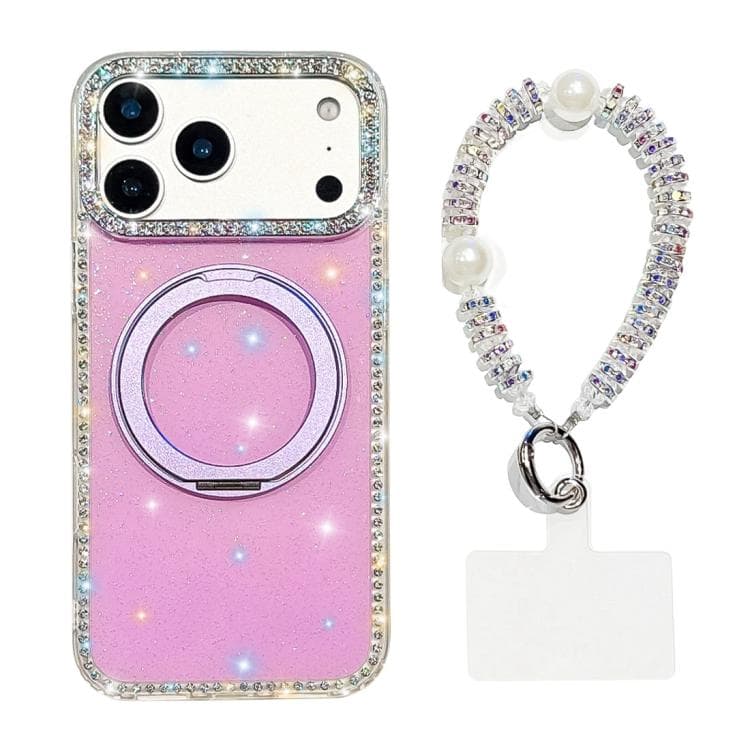 For iPhone 17 Pro Diamond IMD 360 Rotation Magnetic Metal Holder Phone Case with Strap(Glitter Light Purple) - Immagine 1