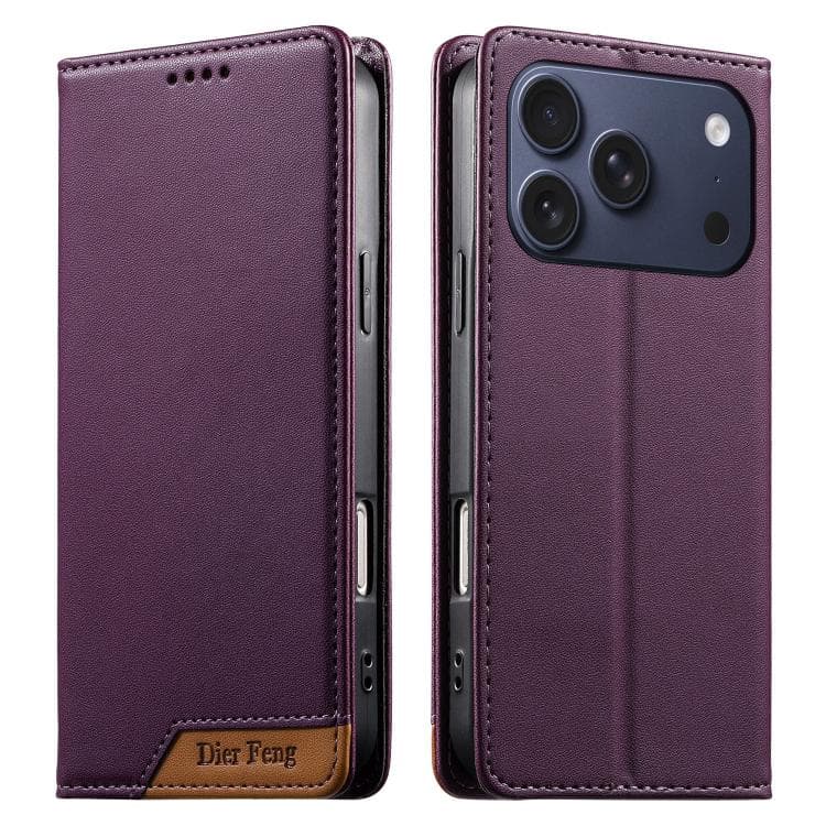 Per iPhone 17 Pro Dierfeng Splicing Custodia per telefono in pelle vegana con forte magnete RFID (Viola) - Immagine 1