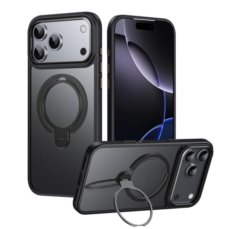 For iPhone 17 Pro Double Ring MagSafe Magnetic Holder Phone Case(Matte Black) - Immagine 1