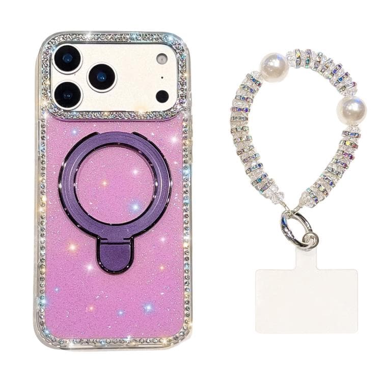 For iPhone 17 Pro Double-Sided IMD Rhinestone Magnetic Holder Shockproof Phone Case With Bracelet(Glitter Purple) - Immagine 1