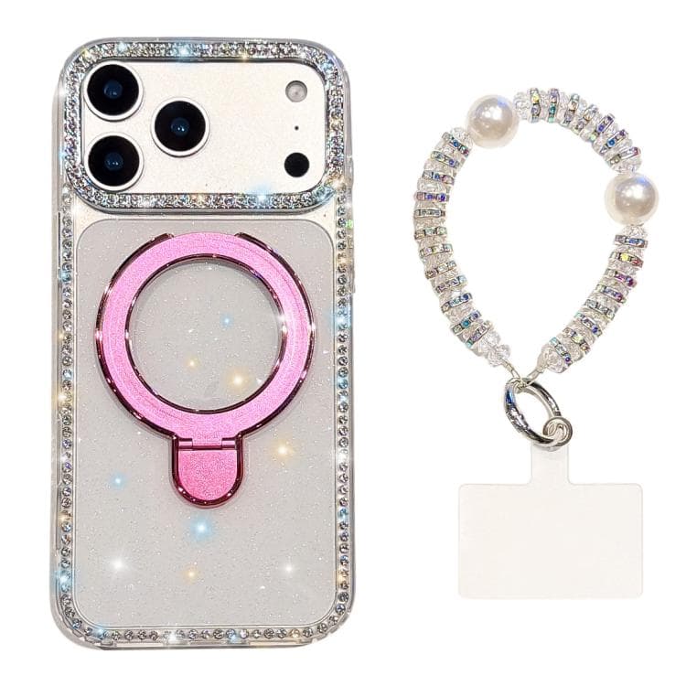 For iPhone 17 Pro Double-Sided IMD Rhinestone Magnetic Holder Shockproof Phone Case With Bracelet(Transparent Glitter) - Immagine 1