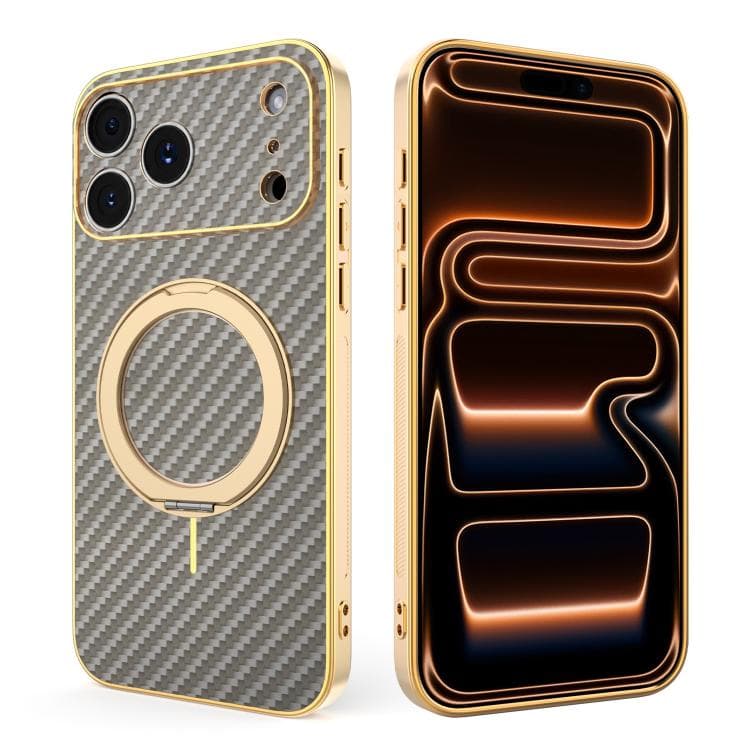 For iPhone 17 Pro Electroplated Carbon Fiber Texture 360 Degree Rotation Holder Phone Case(Gray) - Immagine 1