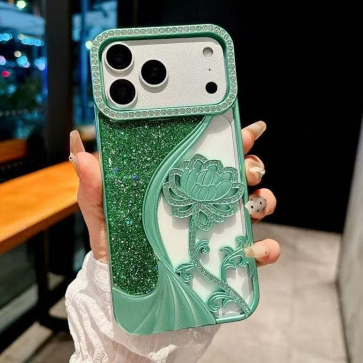 For iPhone 17 Pro Electroplated TPU Lotus Hollow-carved Rhinestone Glitter Phone Case(Green) - Immagine 1