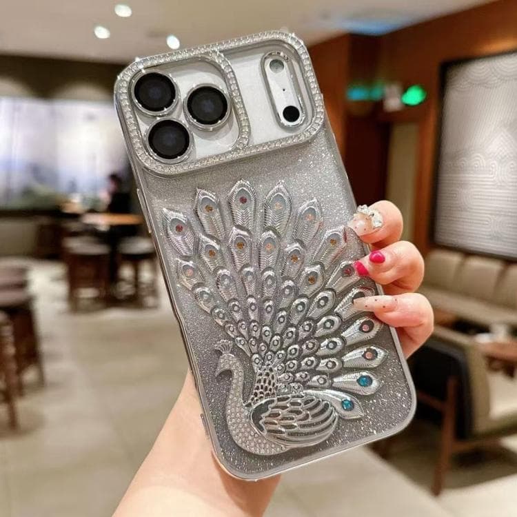 For iPhone 17 Pro Electroplated TPU Peacock Relief Rhinestone Glitter Phone Case with Lens Film(Silver) - Immagine 1