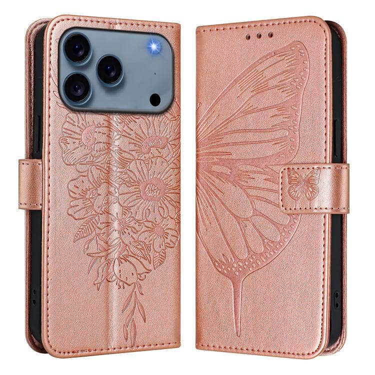 Custodia in pelle con farfalla in rilievo per iPhone 17 Pro (Rosa Oro) - Immagine 1
