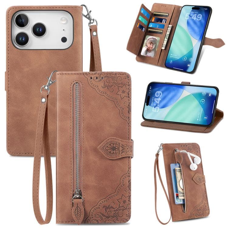 For iPhone 17 Pro Embossed Flower Zipper Leather Phone Case(Brown) - Immagine 1