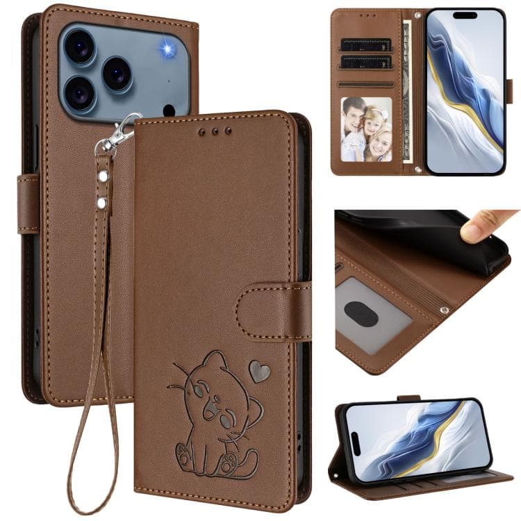 For iPhone 17 Pro Embossed Heart Cat Leather Phone Case with Hand Strap(Brown) - Immagine 1