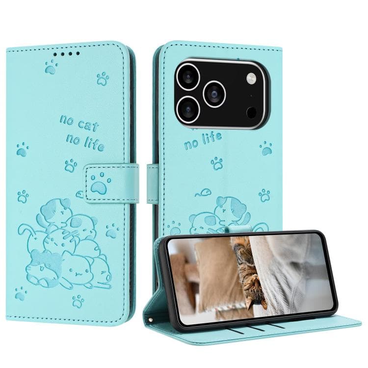 For iPhone 17 Pro Embossed Kitten Phone Leather Case with Lanyard(Mint Green) - Immagine 1