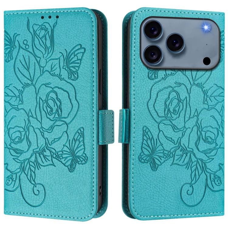 For iPhone 17 Pro Embossed Rose RFID Anti-theft Leather Phone Case(Light Blue) - Immagine 1