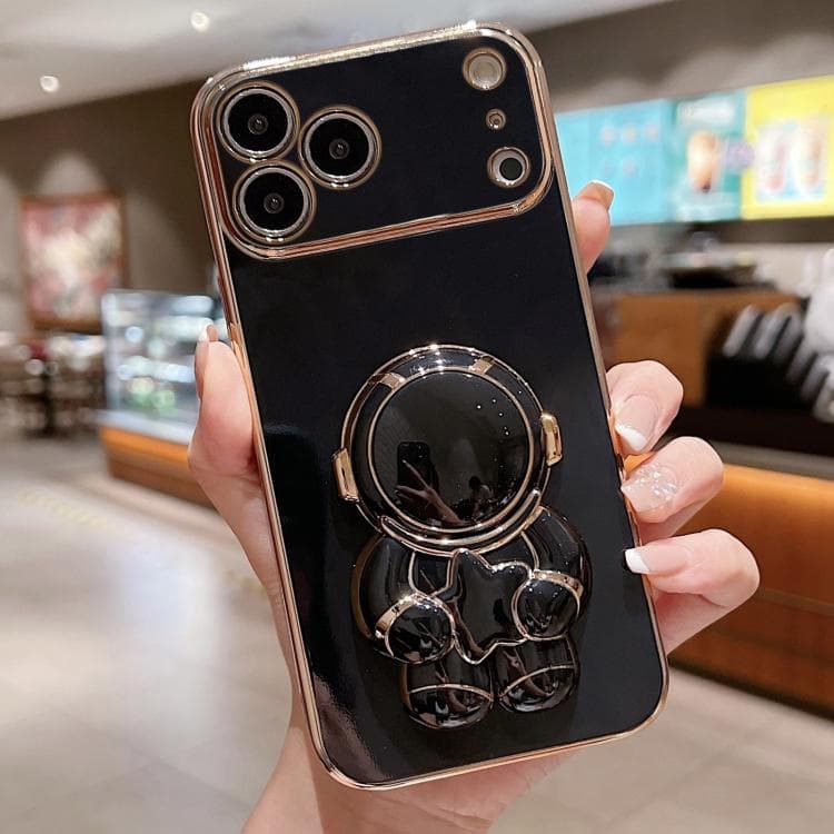 For iPhone 17 Pro Embrace Stars Electroplating Astronaut Holder Phone Case(Black) - Immagine 1