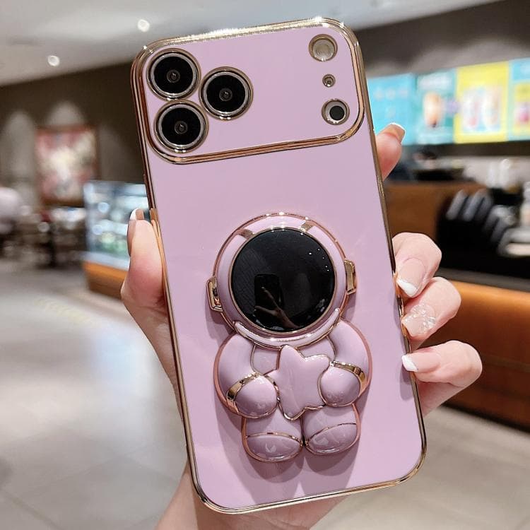 For iPhone 17 Pro Embrace Stars Electroplating Astronaut Holder Phone Case(Purple) - Immagine 1