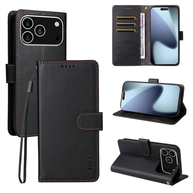 For iPhone 17 Pro ENKAY RFID Blocking Wallet Kickstand Litchi Texture Leather Phone Case(Black) - Immagine 1