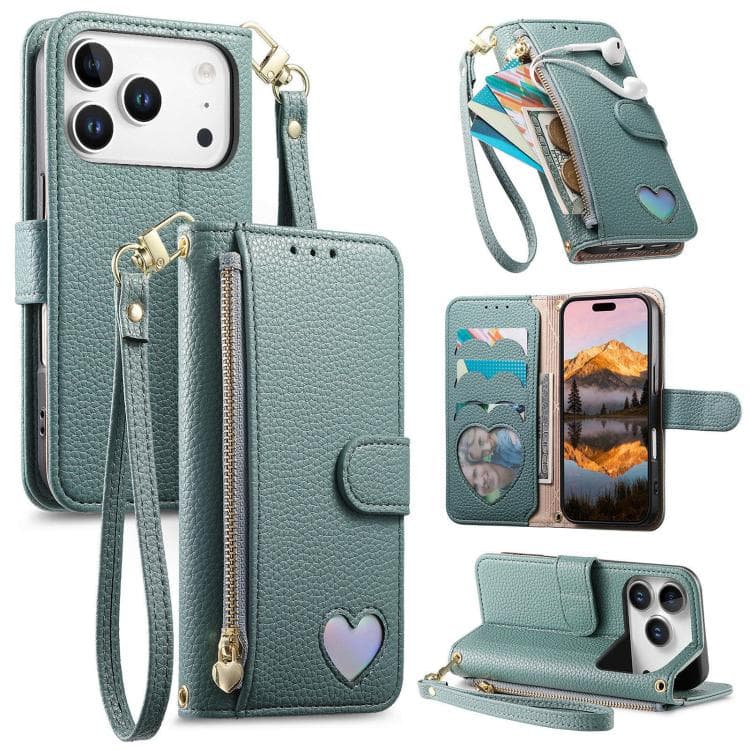 For iPhone 17 Pro Fantasy Love Heart Zipper Wallet Vegan Leather Phone Case with Strap(Green) - Immagine 1