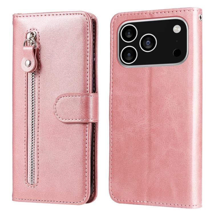 Custodia in pelle con texture vitello e cerniera per iPhone 17 Pro (Oro rosa) - Immagine 1