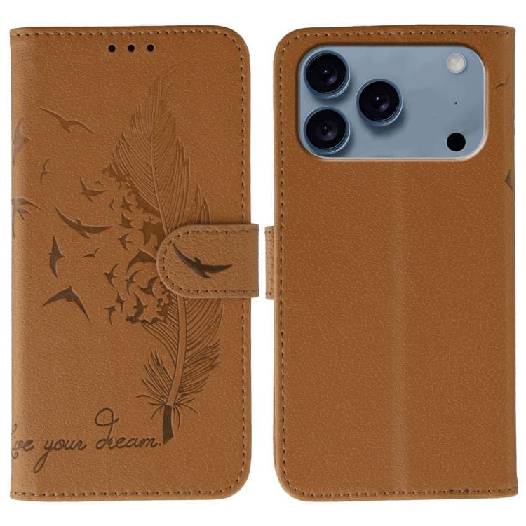 Custodia in pelle con texture piuma e litchi per iPhone 17 Pro (Marrone) - Immagine 1