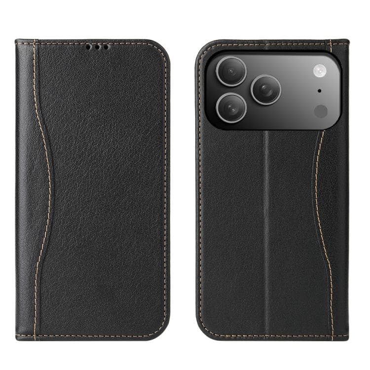 For iPhone 17 Pro Fierre Shann Cowhide Leather Flip Leather Phone Case(Black) - Immagine 1