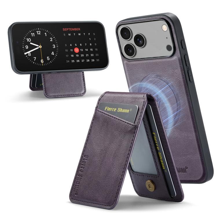 For iPhone 17 Pro Fierre Shann Cowhide Vertical Flip Magnetic Card Holder Phone Case(Purple) - Immagine 1