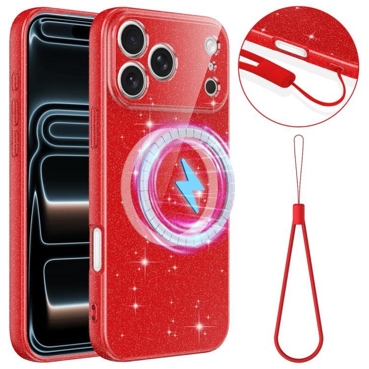For iPhone 17 Pro Fine Hole Glossy Glitter Magnetic TPU Phone Case with Same Color Hand Strap(Red) - Immagine 1