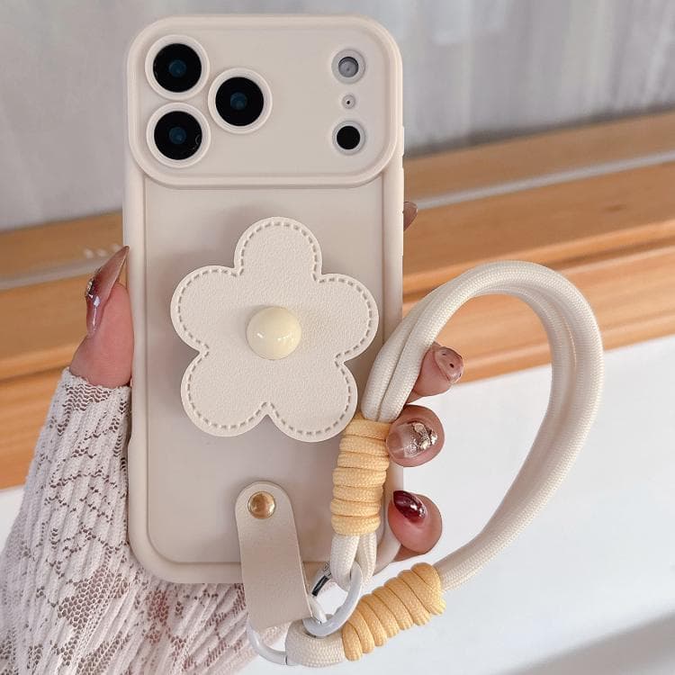 For iPhone 17 Pro Floral Holder TPU Phone Case with PU Buckle Lanyard(Beige) - Immagine 1