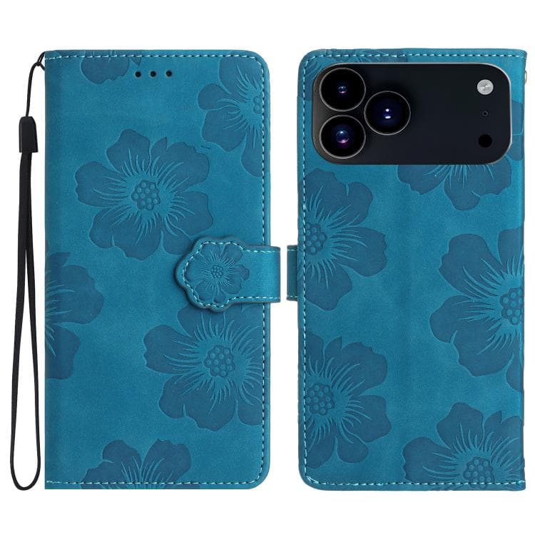 Fodero in pelle con motivo floreale a rilievo per iPhone 17 Pro (Blu) - Immagine 1