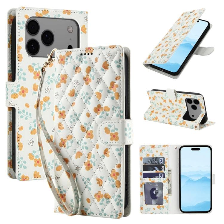 For iPhone 17 Pro Flower Pattern Buckle Leather Phone Case with Lanyard(Orange Flowers) - Immagine 1