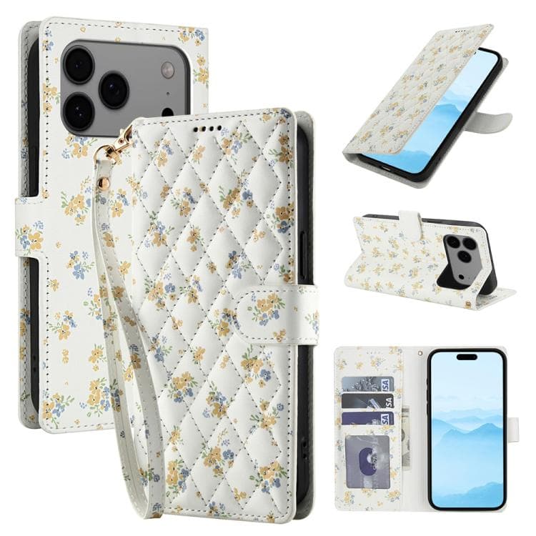 For iPhone 17 Pro Flower Pattern Buckle Leather Phone Case with Lanyard(Yellow Flowers) - Immagine 1