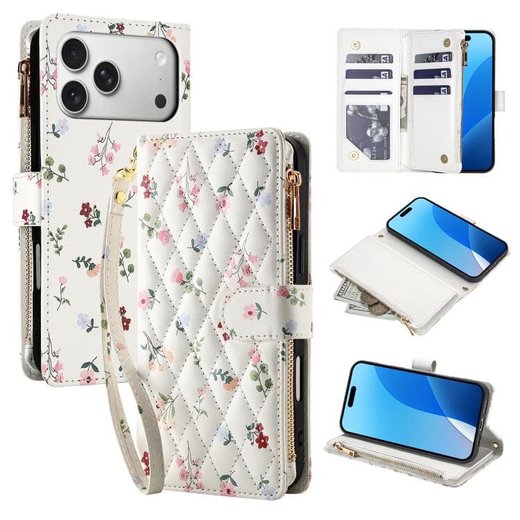 For iPhone 17 Pro Flower Pattern Zipper Wallet Vegan Leather Phone Case with Lanyard(Pink Flowers) - Immagine 1