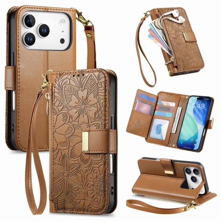For iPhone 17 Pro Flowers Leaves Zipper Wallet Leather Phone Case with Strap(Brown) - Immagine 1