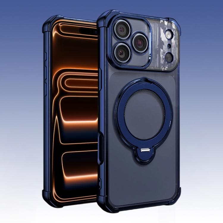 For iPhone 17 Pro Four-Corner Airbags Shockproof Rotation Holder Magnetic Phone Case(Dark Blue) - Immagine 1