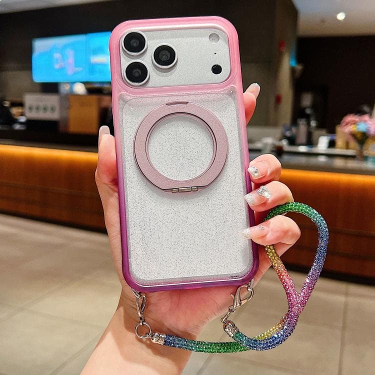 For iPhone 17 Pro Gradient Transparent Glitter Rotating Magnetic Holder Phone Case with Wrist Strap(Pink Purple) - Immagine 1