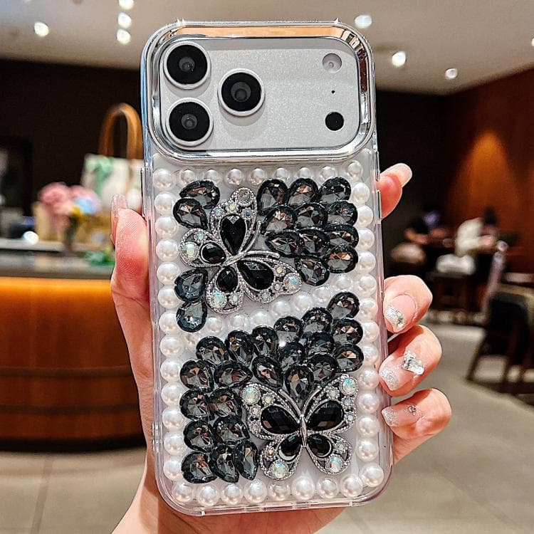 For iPhone 17 Pro Handmade Pearl Dual Butterfly Rhinestone Acrylic Phone Case(Black) - Immagine 1