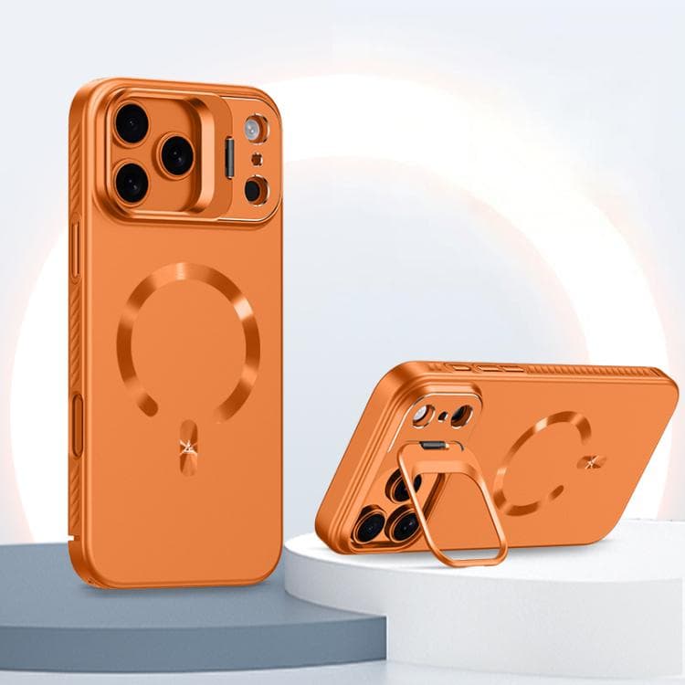 For iPhone 17 Pro Ice Crystal Solid Color U-Shaped Magnetic Invisible Lens Holder Frosted Phone Case(Orange) - Immagine 1