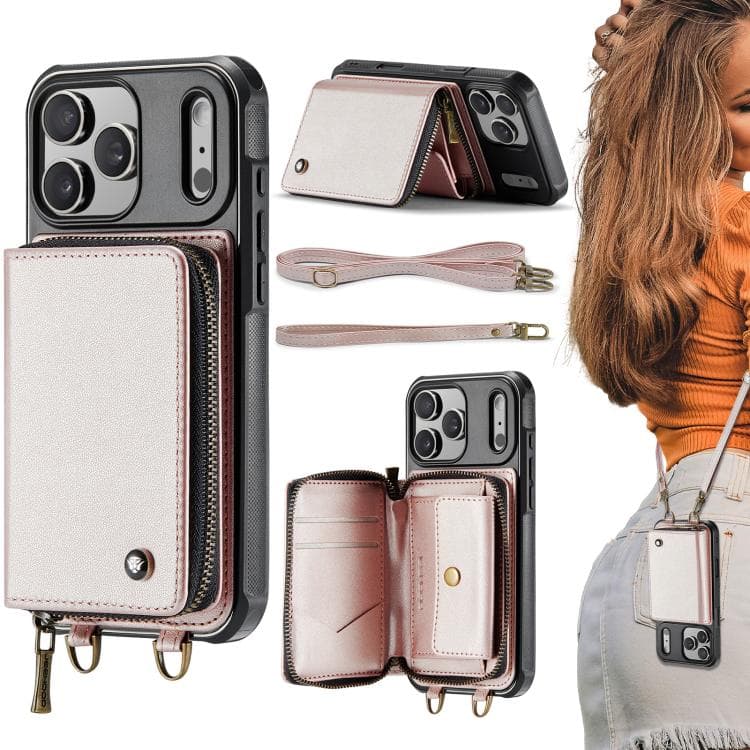 Custodia in pelle per iPhone 17 Pro JEEHOOD C22 Series con portafoglio e cerniera, con doppio laccetto (Rosa Oro) - Immagine 1