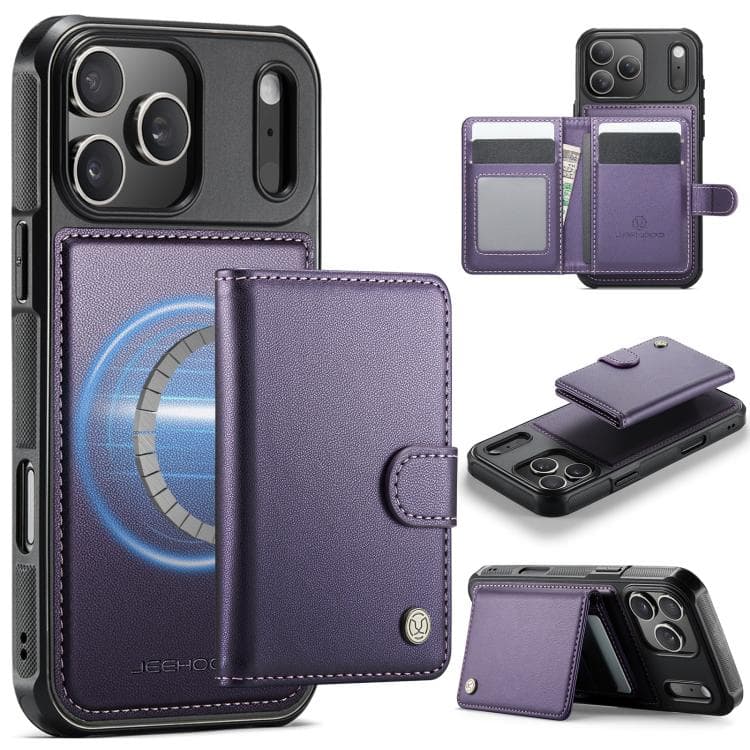 For iPhone 17 Pro JEEHOOD J09 Buckle Card Bag MagSafe Magnetic Style RFID Leather Phone Case(Purple) - Immagine 1
