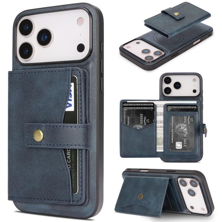 For iPhone 17 Pro Kalebol Magnetic Button Card Bag MagSafe Ring Leather Phone Case(Blue) - Immagine 1