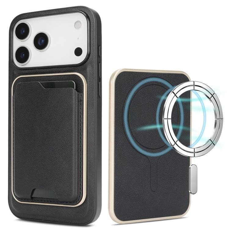 For iPhone 17 Pro Kalebol Slim MagSafe Ring Magnetic Card Bag Leather Phone Case(Black) - Immagine 1