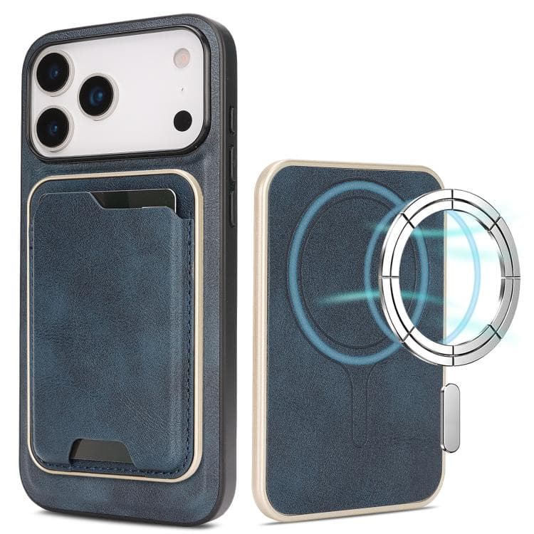 For iPhone 17 Pro Kalebol Slim MagSafe Ring Magnetic Card Bag Leather Phone Case(Blue) - Immagine 1