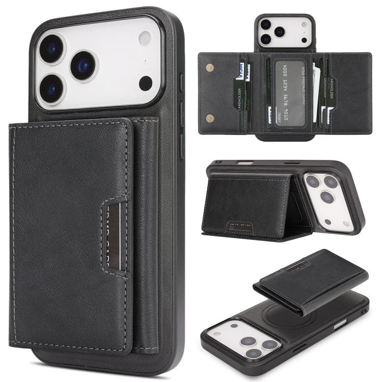 For iPhone 17 Pro Kalebol Strong Magnetic MagSafe Tri-Fold Wallet Leather Phone Case(Black) - Immagine 1