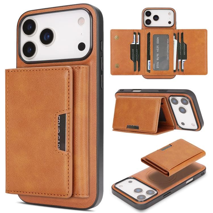 For iPhone 17 Pro Kalebol Strong Magnetic MagSafe Tri-Fold Wallet Leather Phone Case(Brown) - Immagine 1