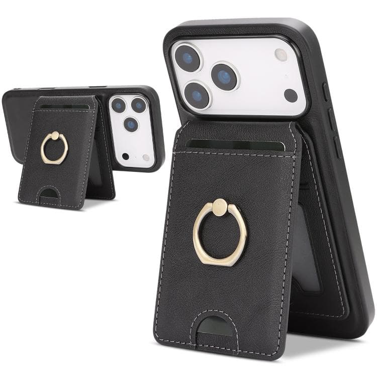 For iPhone 17 Pro Kalebol Strong MagSafe Ring Magnetic Card Bag Holder Leather Phone Case(Black) - Immagine 1