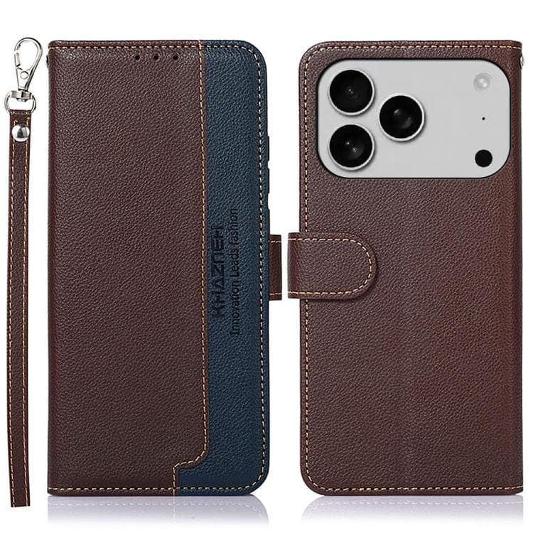Custodia in pelle con texture litchi KHAZNEH con protezione RFID per iPhone 17 Pro (Marrone) - Immagine 1
