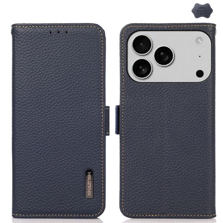 For iPhone 17 Pro KHAZNEH Side-Magnetic Litchi Genuine Leather RFID Case(Blue) - Immagine 1