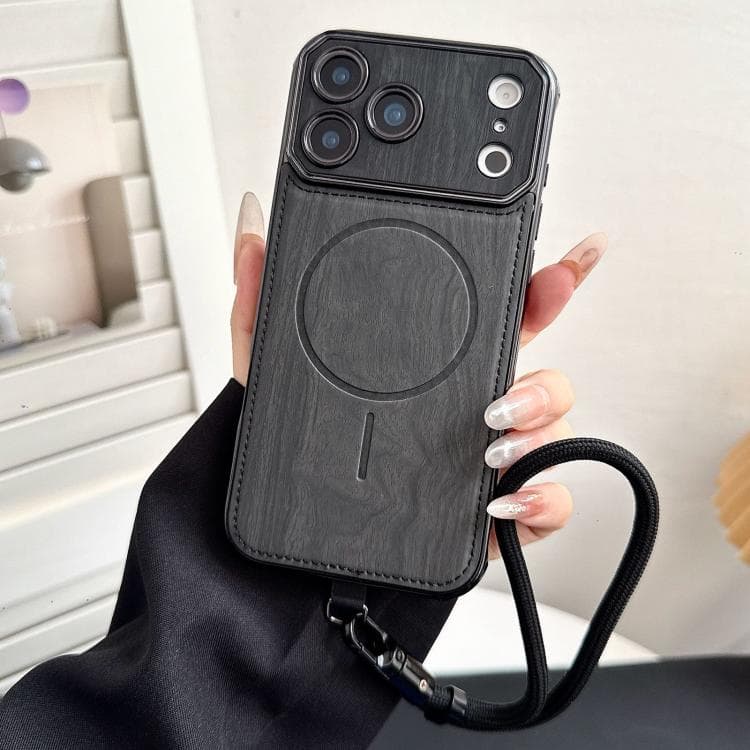 For iPhone 17 Pro Large Window TPU Electroplated Wood Grain PU MagSafe Phone Case with Lens Film & Strap(Black) - Immagine 1
