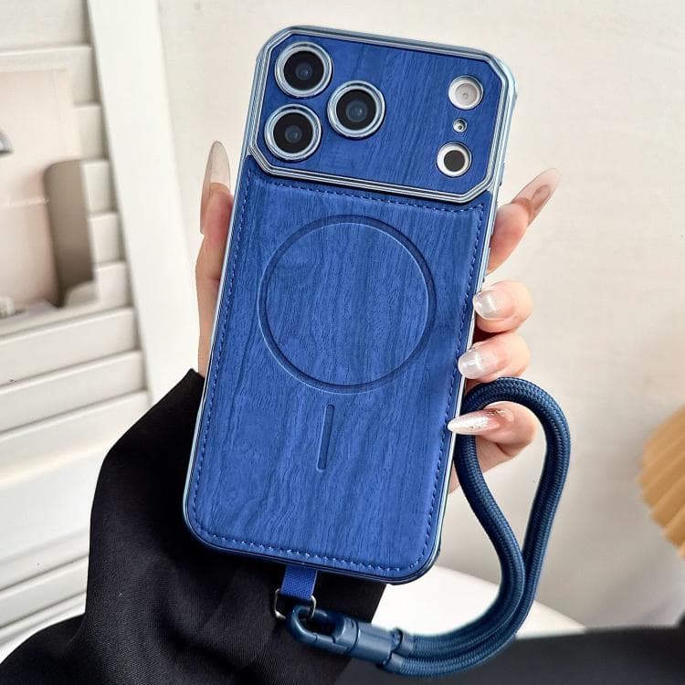 For iPhone 17 Pro Large Window TPU Electroplated Wood Grain PU MagSafe Phone Case with Lens Film & Strap(Blue) - Immagine 1