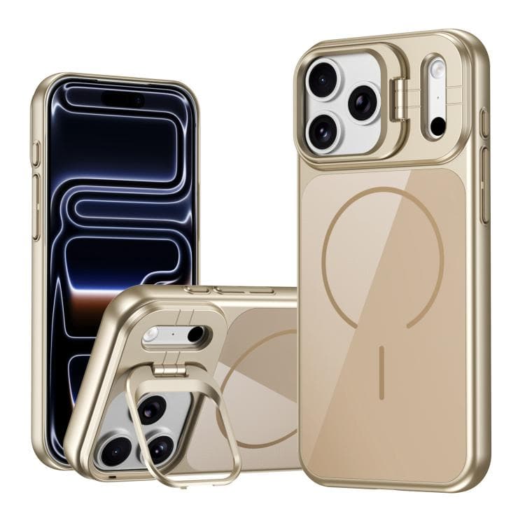 For iPhone 17 Pro Lens Frame Stand Glass Thin Circle Magnetic Phone Case(Desert Gold) - Immagine 1