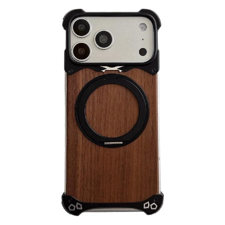 For iPhone 17 Pro Leopard Walnut Wood Metal Frameless 360 Rotation Holder Magnetic Phone Case(Black) - Immagine 1