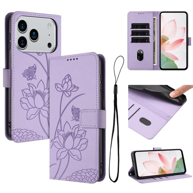 For iPhone 17 Pro Lotus Embossed Leather Phone Case with Lanyard(Purple) - Immagine 1