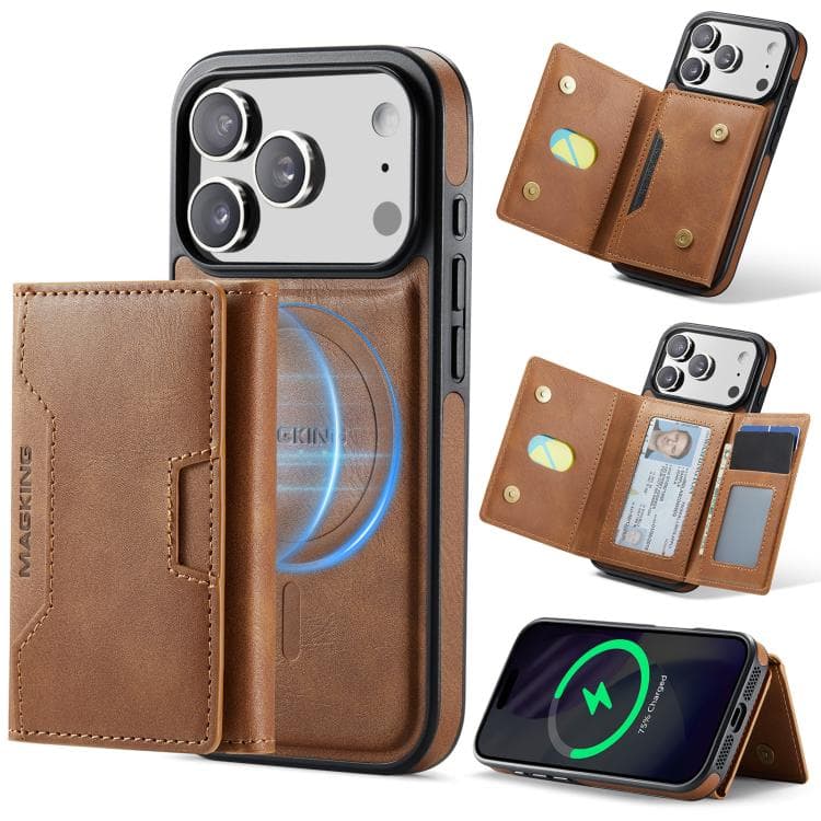 For iPhone 17 Pro MAGKING K4 Series MagSafe RFID Tri-fold Card Bag Detachable Phone Case(Brown) - Immagine 1