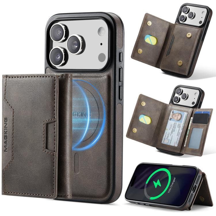 For iPhone 17 Pro MAGKING K4 Series MagSafe RFID Tri-fold Card Bag Detachable Phone Case(Coffee) - Immagine 1
